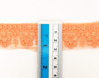 Orange Net Lace Trim With Floral Embroidery And Gold Sequins, Sequinned Trim, Wedding Trim Bridal Trim
